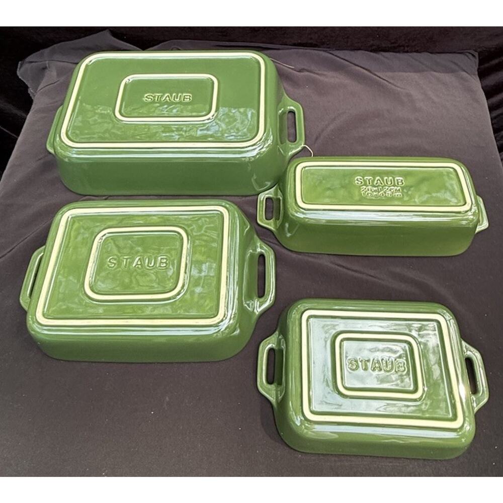 4 Williams Sonoma STAUB Rectangular Green Baking Dish Set Ceramic BRAND NEW!